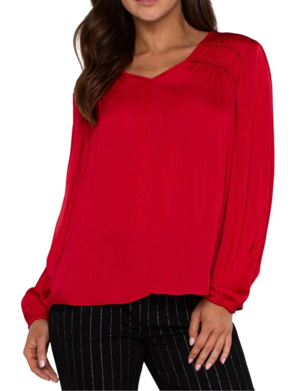 Liverpool Womens Tango Red Long Sleeve Blouse V-Neck Smocked Details Size M
